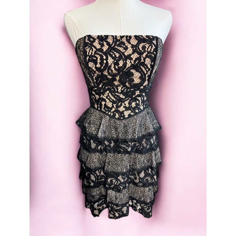 BCBGMaxAzria Black Tan Corset Ruffle Mini Dress Whimsigoth Girly Sz 0‎